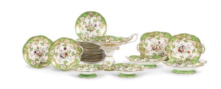 AN ENGLISH PORCELAIN ROCOCCO REVIVAL GREEN GROUND PART DESSERT SERVICE