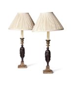 A PAIR OF EMPIRE STYLE BRONZE AND PATINATED METAL FIGURAL TABLE LAMPS 20TH CENTURY