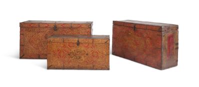 A TIBETAN CARVED AND POLYCHROME PAINTED WOOD CHEST 19TH CENTURY