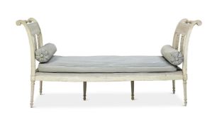 A SWEDISH GREEN PAINTED AND MOIRE UPHOLSTERED HALL SEAT EARLY 19TH CENTURY