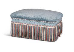 A BLUE EMBOSSED VELVET UPHOLSTERED FOOTSTOOL LATE 20TH CENTURY