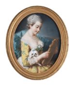 FRENCH SCHOOL (19TH CENTURY), PORTRAIT OF A LADY LOOKING AT A MIRROR WITH A DOG ON HER LAP