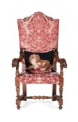 A CONTINENTAL WALNUT AND UPHOLSTERED ARMCHAIR IN 18TH CENTURY STYLE