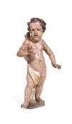 A CARVED AND POLYCHROME FIGURE OF A STANDING CHERUB, POSSIBLY GERMAN, 18TH CENTURY