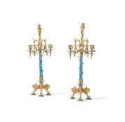 A PAIR OF ORMOLU AND PORCELAIN THREE LIGHT CANDELABRA, LATE 19TH CENTURY