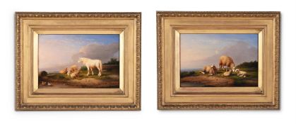 FRANZ VANSEVERDONCK (BELGIAN 1809-1889), HORSE AND SHEEP ON GRASSY HUMMOCKS