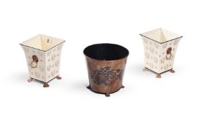 A PAIR OF CREAM PAINTED AND PARCEL GILT WASTE PAPER BASKETS, MODERN
