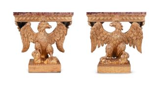 A NEAR PAIR OF GILTWOOD CONSOLE TABLES IN GEORGE II STYLE, 19TH CENTURY