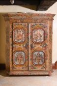A POLYCHROME PAINTED PINE WARDROBE IN 18TH CENTURY STYLE, OF RECENT MANUFACTURE