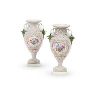 A PAIR OF MEISSEN PORCELAIN 'MAYFLOWER' ENCRUSTED VASES