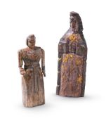 TWO NAIVE CARVED AND PAINTED WOOD FIGURES, POSSIBLY ASIAN, 19TH CENTURY