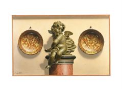λ CHRISTOPHER JOHN HARRISON (BRITISH B. 1945), PUTTI FLANKED BY THOMAS TUFT PLATES