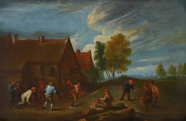 DUTCH SCHOOL (17TH CENTURY), FIGURES PLAYING A GAME BEFORE A HOUSE