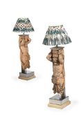 ANOTHER PAIR OF CARVED WALNUT FIGURAL LAMPS, 19TH CENTURY