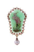 FONTENAY, A LATE 19TH CENTURY JADEITE JADE, RUBY, DIAMOND, PEARL AND ENAMEL CRANE BROOCH CIRCA 1860