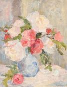 λ PEGGY SOMERVILLE (BRITISH 1918-1975), STILL LIFE OF PEONIES AND ROSES IN A BLUE VASE