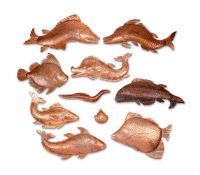A SHOAL OF TEN ITALIAN EMBOSSED COPPER FISHES AND SEA LIFE, VENICE