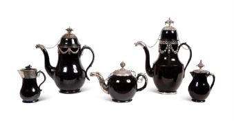 A GROUP OF LOW COUNTRIES BLACK GLAZED POTTERY, SILVER MOUNTED TEA AND COFFEE WARES (TERRE DE NAMUR)