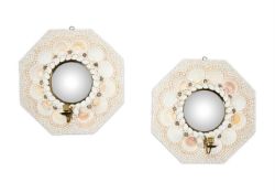 Y A PAIR OF BRASS MOUNTED AND SHELL ENCRUSTED OCTAGONAL CONVEX MIRRORS OF RECENT MANUFACTURE