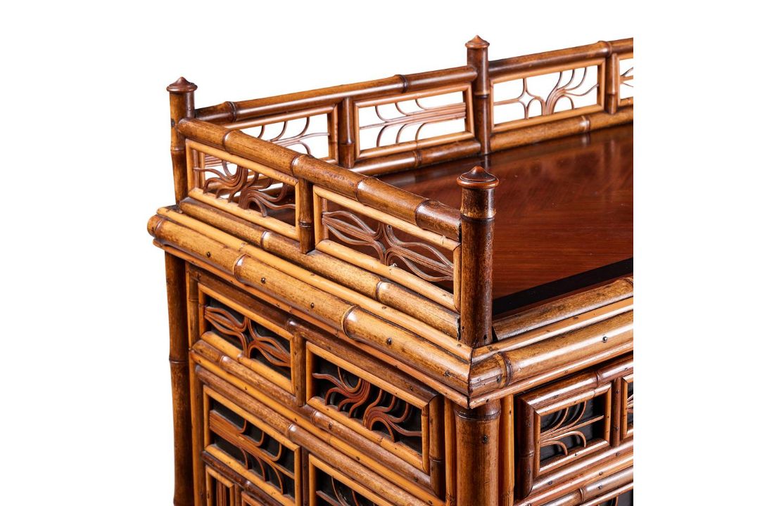 A BAMBOO, RATTAN, WALNUT AND PART EBONISED 'CHINOISERIE' BREAKFRONT SIDE CABINET - Image 4 of 5