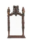 AN UNUSUAL CONTINENTAL CARVED OAK AND POLYCHROME PAINTED MIRROR, LATE 17TH OR EARLY 18TH CENTURY