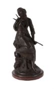 A CONTINENTAL BRONZE FIGURE OF A FEMALE FARMHAND NAPPING, LATE 19TH CENTURY