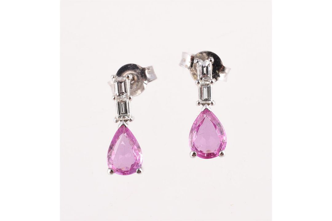 A PAIR OF PINK SAPPHIRE AND DIAMOND DROP EARRINGS