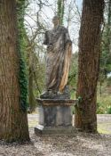 A LIFESIZE COMPOSITION STONE FIGURE OF A ROMAN SENATOR ON PLINTH, LATE 20TH CENTURY