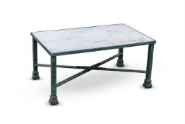 A CAST IRON AND STONE TOP GARDEN TABLE BY KEN BOLAN, MODERN