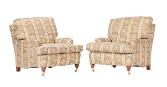 A PAIR OF WALNUT AND UPHOLSTERED ARMCHAIRS IN VICTORIAN TASTE