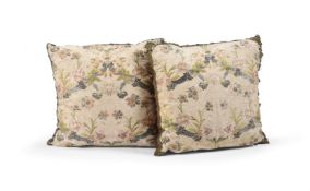A PAIR OF SILK AND METAL THREAD CUSHIONS, THE SILK FABRIC 18TH CENTURY