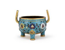 A Chinese cloisonné tripod censer