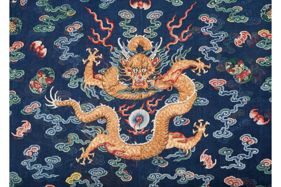 A fine Chinese five-colour cloud blue-ground summer gauze 'Dragon' robe - Image 9 of 13