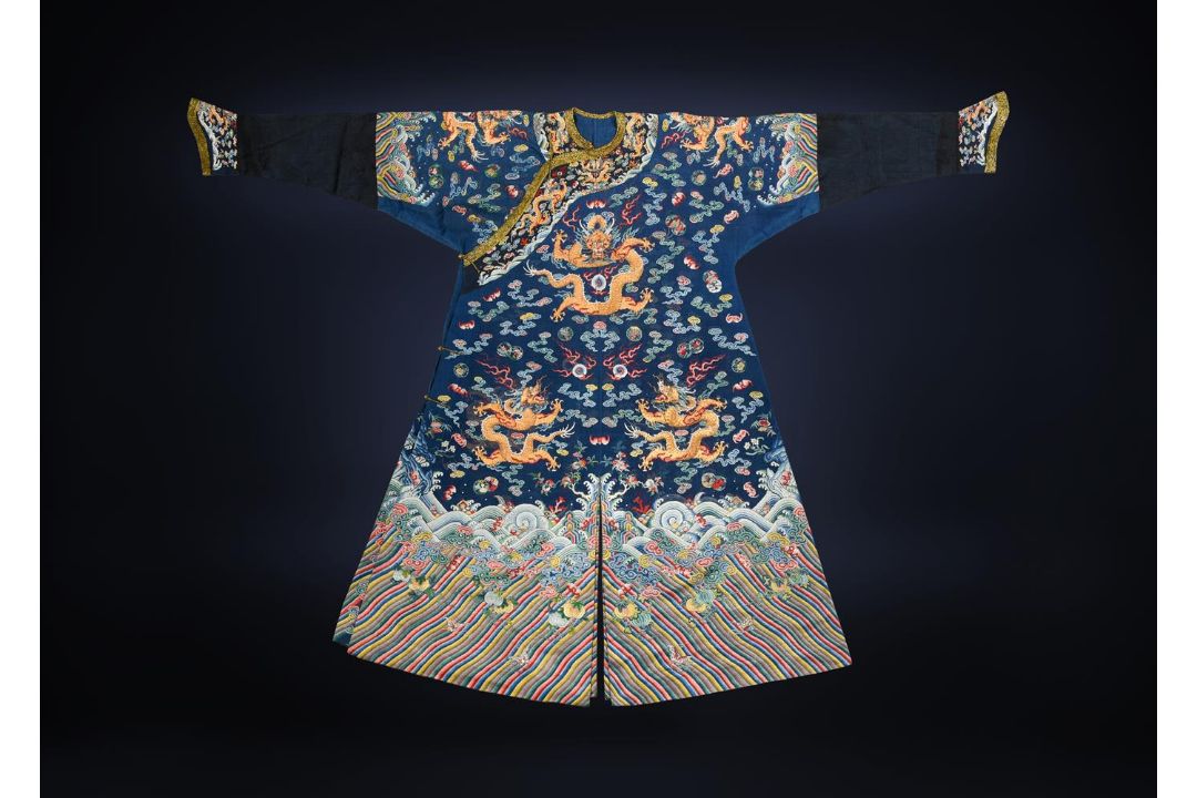 A fine Chinese five-colour cloud blue-ground summer gauze 'Dragon' robe - Image 1 of 13