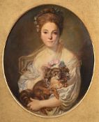 MARIE FELIX HIPPOLYTE LUCAS (FRENCH 1854-1925), PORTRAIT OF A YOUNG LADY HOLDING A DOG