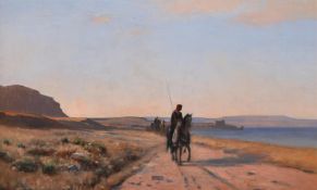 AUGUSTE LOUIS VEILLON (SWISS 1834-1890), ARAB ON HORSEBACK ALONG A COASTAL TRACK