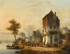FOLLOWER OF ADRIANUS EVERSEN, VIEW OF A TOWN WITH FIGURES BY A RIVER