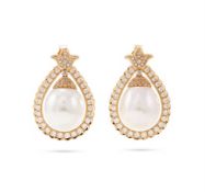 A PAIR OF CULTURED PEARL AND DIAMOND EARRINGS