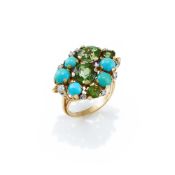 A PERIDOT, TURQUOISE AND DIAMOND DRESS RING