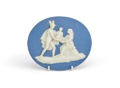 ‡ A WEDGWOOD & BENTLEY BLUE JASPER OVAL PLAQUE, LATE 18TH CENTURY