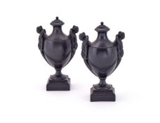 ‡ A PAIR OF WEDGWOOD & BENTLEY BLACK BASALT VASES AND COVERS, CIRCA 1775