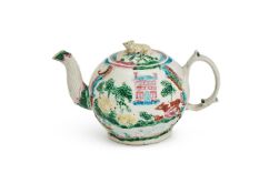 ‡ A STAFFORDSHIRE WHITE SALT-GLAZED STONEWARE 'LANDSKIP' TEAPOT AND COVER, CIRCA 1755-1765
