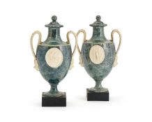 ‡ A PAIR OF WEDGWOOD & BENTLEY WHITE TERRACOTTA FAUX PORPHYRY VASES AND COVERS, LATE 18TH CENTURY