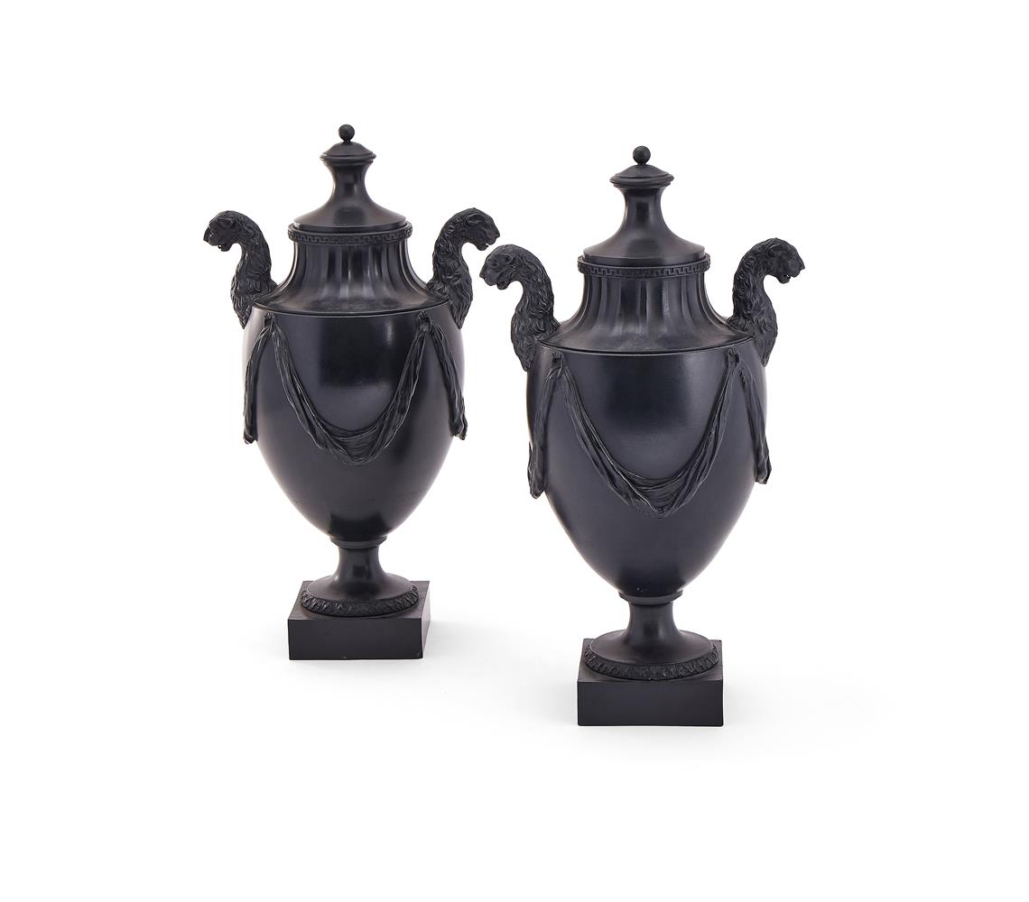 ‡ A PAIR OF WEDGWOOD & BENTLEY BLACK BASALT VASES AND CASSOULET COVERS CIRCA 1775 Of shield shape