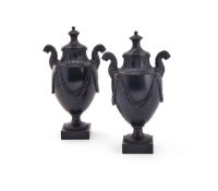 ‡ A PAIR OF WEDGWOOD & BENTLEY BLACK BASALT VASES AND CASSOULET COVERS CIRCA 1775 Of shield shape