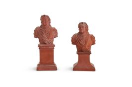 ‡ TWO WEDGWOOD BLACK BASALT AND TWO REDWARE BUSTS OF GEORGE II, LATE 18TH CENTURY