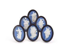 ‡ A GROUP OF SIX WEDGWOOD BLUE JASPER OVAL PLAQUES, LATE 18TH CENTURY