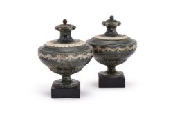 ‡ A PAIR OF WEDGWOOD & BENTLEY FAUX GRANITE VASES AND COVERS, LATE 18TH CENTURY