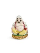 ‡ A SILVER-GILT MOUNTED 'GIRL IN THE SWING' PORCELAIN BUDDHA FORM SNUFFBOX, CIRCA 1755