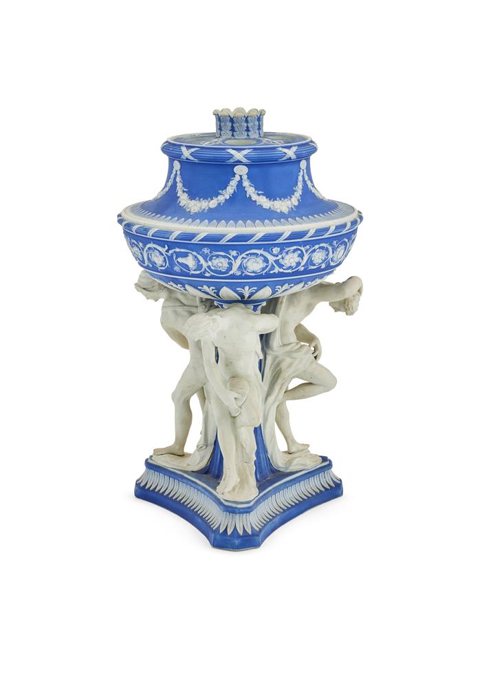 ‡ A WEDGWOOD BLUE DIP JASPER 'MICHELANGELO' VASE AND PIERCED COVERLATE 18TH OR 19TH CENTURYWith spri